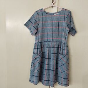 Girls' Blue Plaid Casual Pocket Dress with Pink Accents
